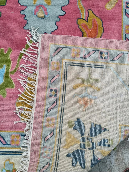 Vibrant Candy Pink & Ivory Bordered Oushak Rug