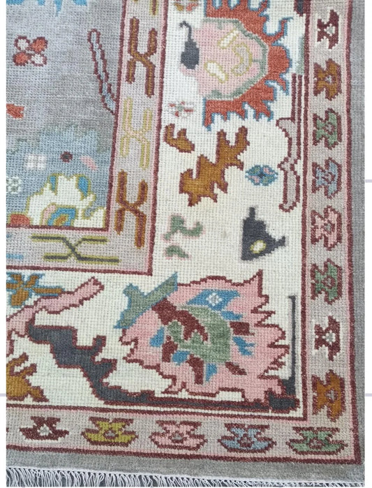 Muted Slate Grey & Cream Bordered Oushak Rug