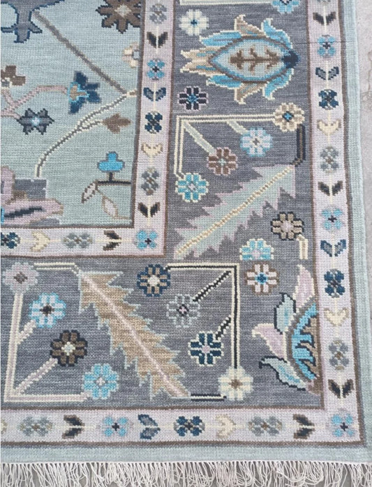 Soft Ice Blue & Charcoal Border Floral Oushak Rug