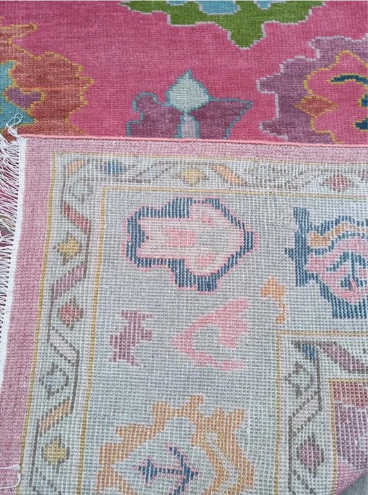 Vibrant Magenta Pink & Sky Blue Bordered Oushak Rug
