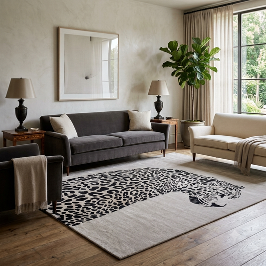 Black and cream leopard hand tufted rug with artistic animal silhouette design