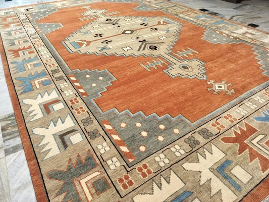 Terracotta Orange & Grey Geometric Medallion Rug