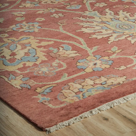 Muted Rose Pink & Sage Floral Oushak Rug