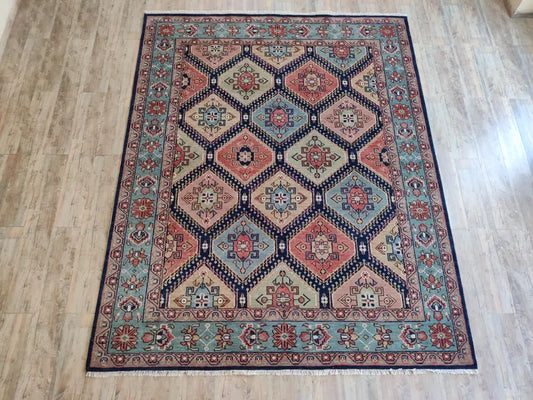 Navy Blue & Coral Diamond Medallion Oushak Rug