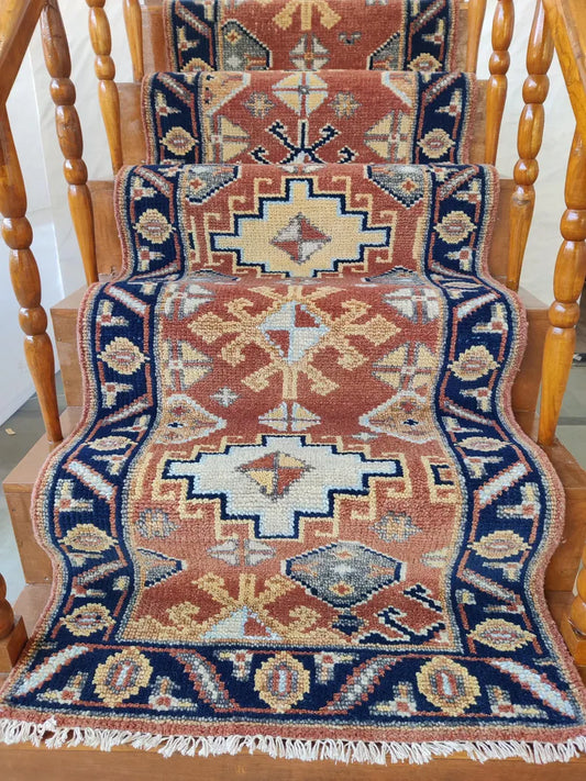 Terracotta Red & Navy Blue Tribal Stair Runner Rug