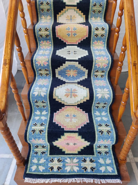 Dark Navy Blue & Pastel Tribal Oushak Stair Runner