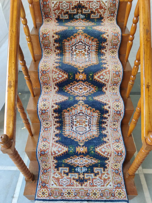 Navy Blue & Terracotta Rust Medallion Stair Runner Rug