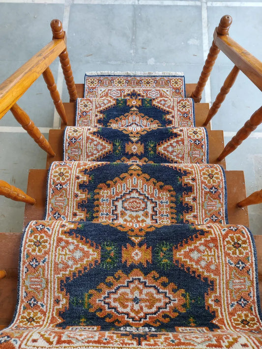 Navy Blue & Terracotta Rust Medallion Stair Runner Rug