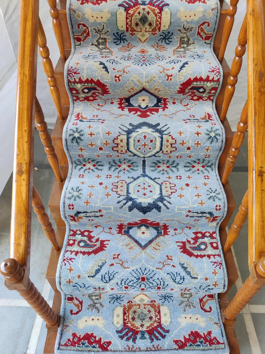 Light Blue & Rust Red Tribal Stair Runner Rug