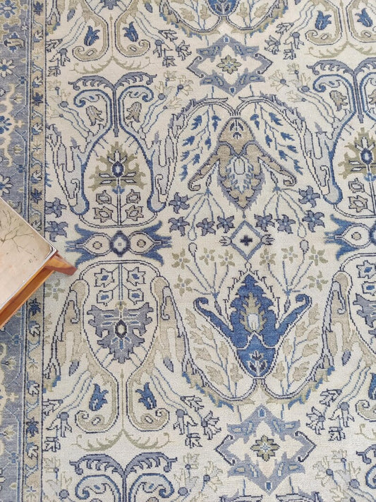 Ivory & Slate Blue Bordered Oushak Rug