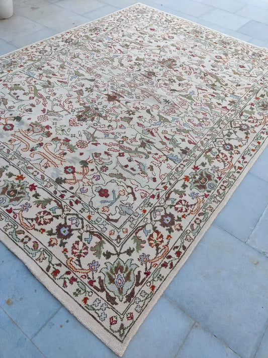 Ivory & Multi-Color Floral Bordered Oushak Rug