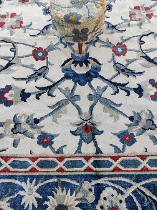 Ivory & Royal Blue Floral Bordered Rug