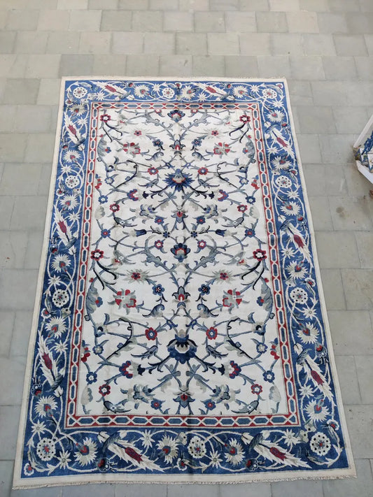 Ivory & Royal Blue Floral Bordered Rug