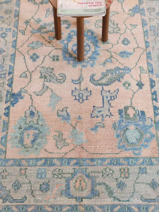 Peach & Blue Floral Bordered Oushak Rug