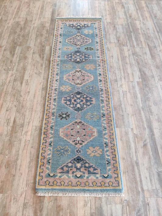 Muted Sky Blue & Pink Diamond Medallion Runner Rug