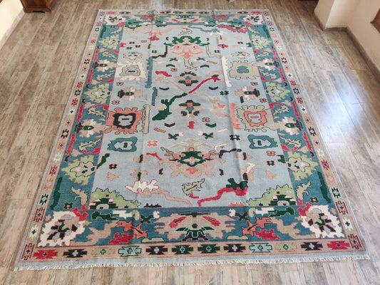 Light Blue & Teal Bordered Oushak Rug