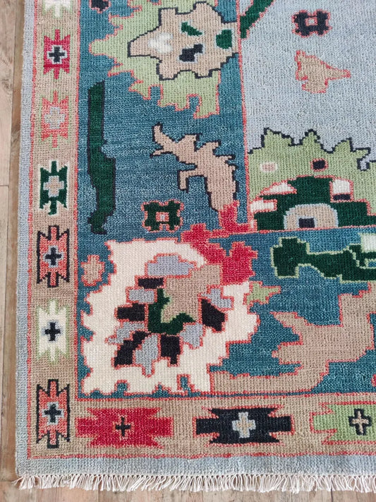 Light Blue & Teal Bordered Oushak Rug