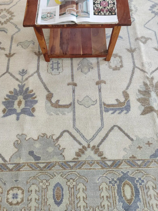 Muted Cream & Slate Blue Floral Wool Area Rug