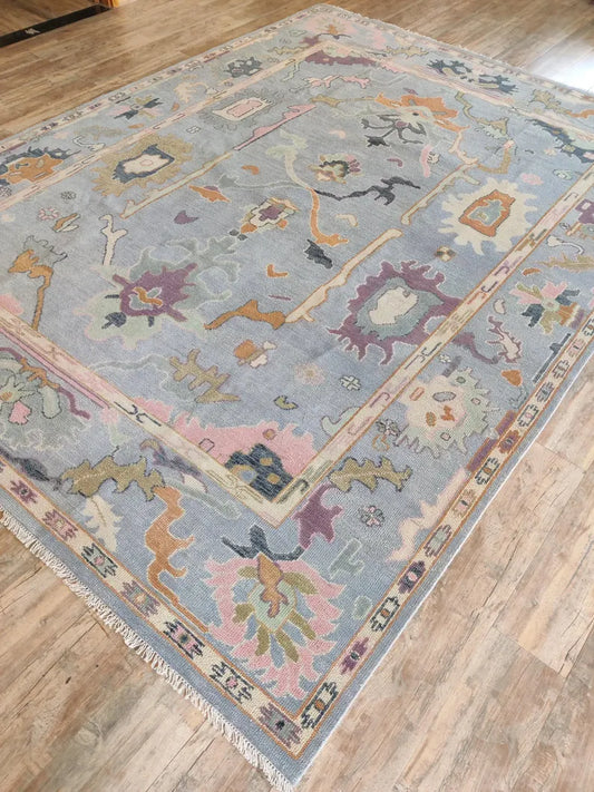 Muted Blue & Pastel Floral Bordered Oushak Rug