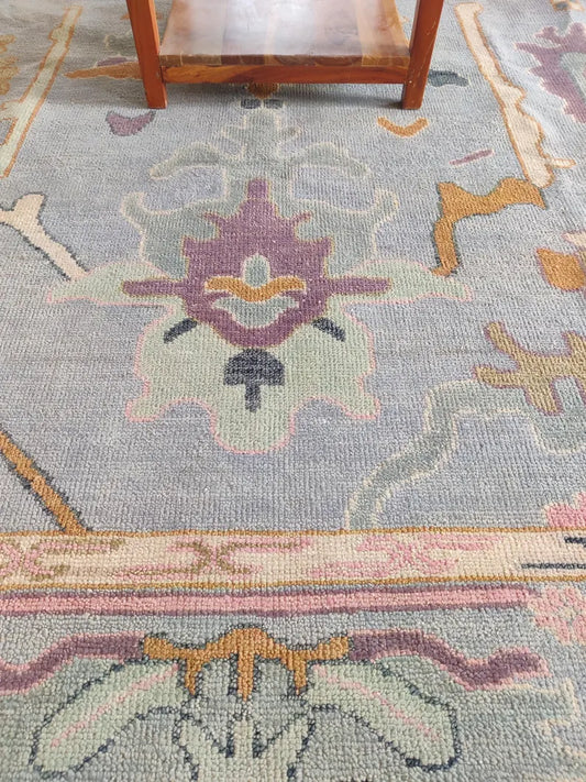 Muted Blue & Pastel Floral Bordered Oushak Rug