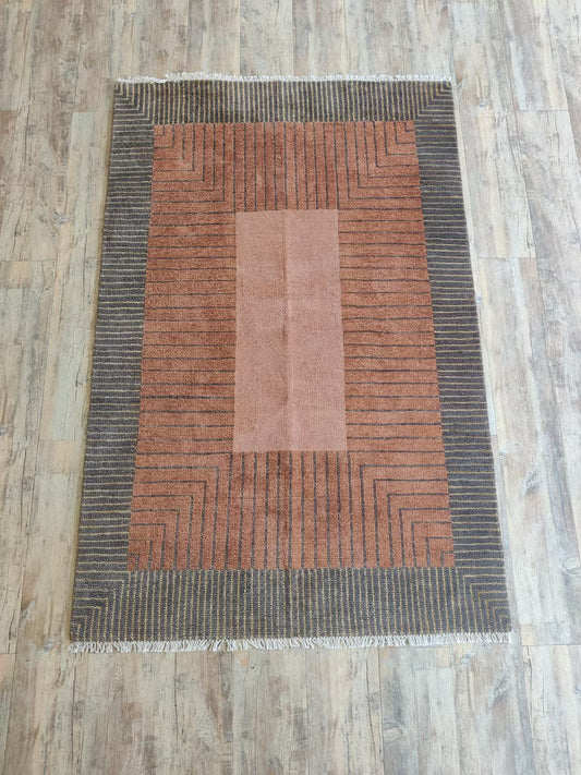 Terracotta & Charcoal Grey Geometric Line Rug
