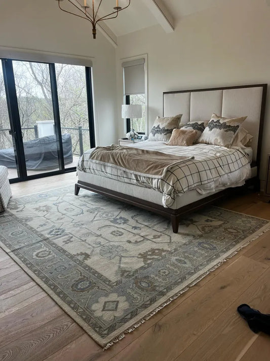 Muted Cream & Slate Blue Floral Wool Area Rug