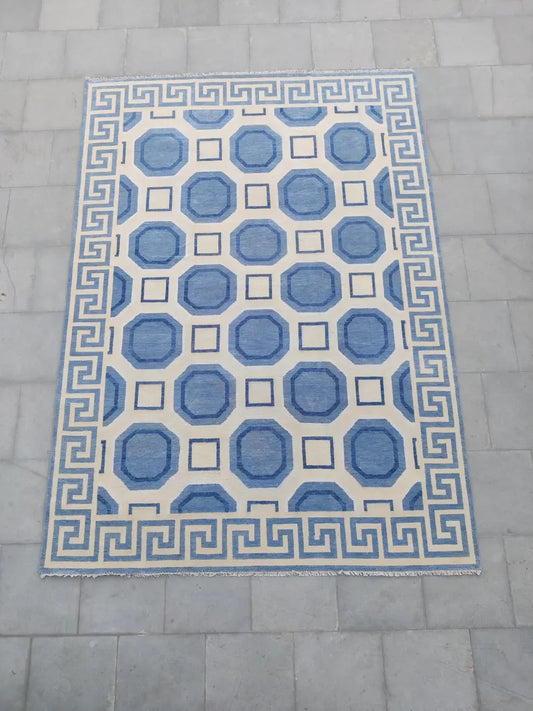 Sky Blue & Cream Octagon Geometric Rug
