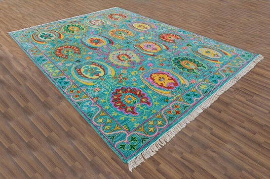 Turquoise Blue & Multi-Color Vibrant Floral Oushak Rug