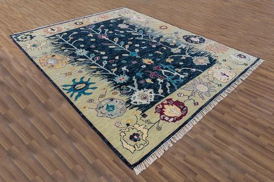 Navy Blue & Ivory Floral Border Oushak Rug