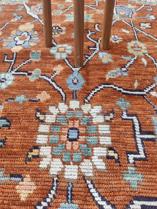 Terracotta & Sky Blue Floral Oushak Rug