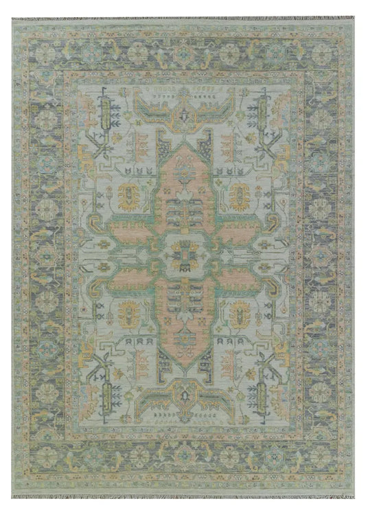 Vintage Style Soft Green & Charcoal Oushak Rug