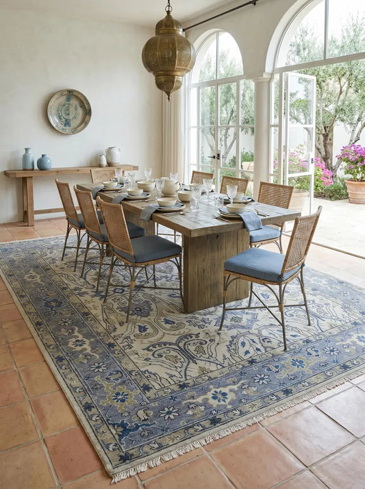 Ivory & Slate Blue Bordered Oushak Rug