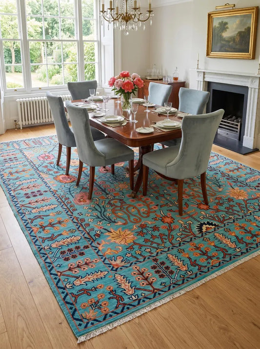 Turquoise Blue & Coral Floral Oushak Rug