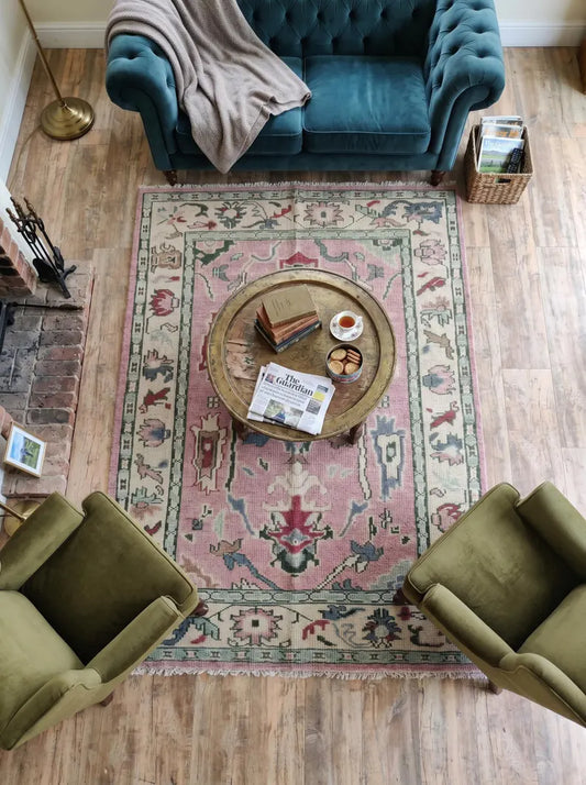 Soft Pink & Sage Green Bordered Oushak Rug