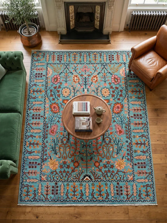 Turquoise Blue & Coral Floral Oushak Rug