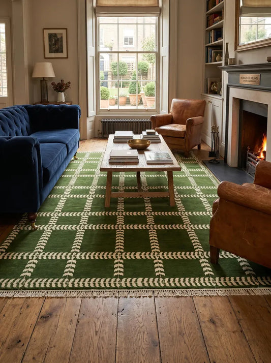 Forest Green & Ivory Plaid Geometric Grid Rug