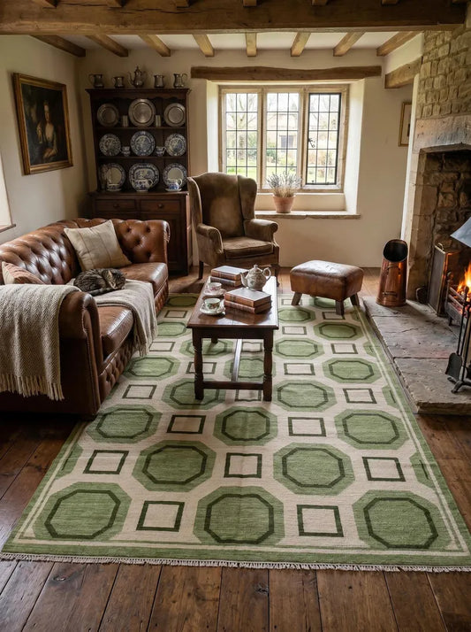 Sage Green & Cream Octagon Geometric Rug