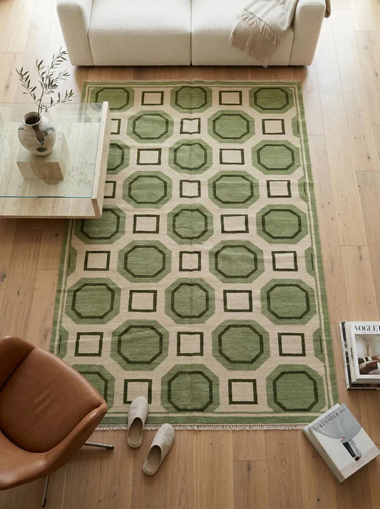 Sage Green & Cream Octagon Geometric Rug