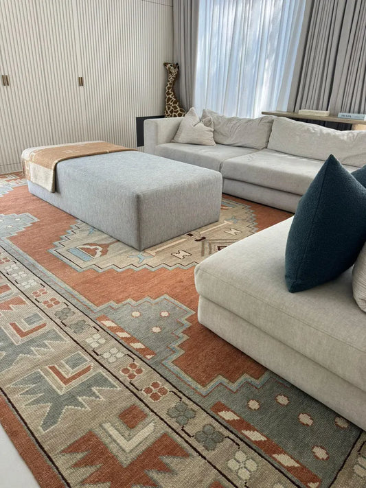 Terracotta Orange & Grey Geometric Medallion Rug