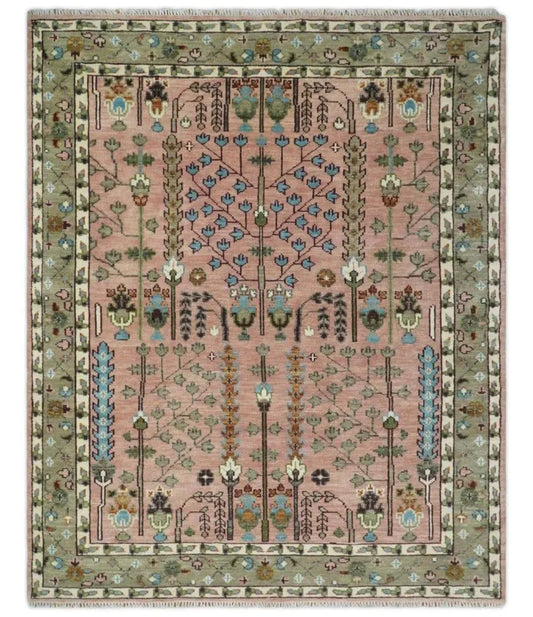 Blush Pink & Olive Green Botanical Tree Oushak Rug