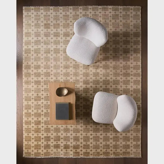Beige & Warm Tan Geometric Grid Area Rug