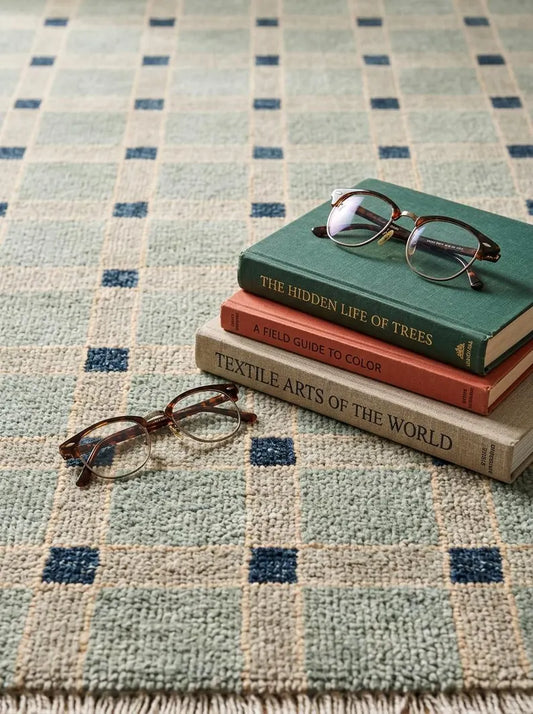 Light Blue & Cream Plaid Grid Area Rug