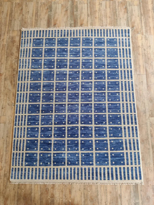 Navy Blue & Ivory Geometric Grid Area Rug