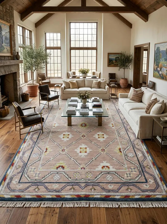 Blush Pink & Olive Green Botanical Tree Oushak Rug