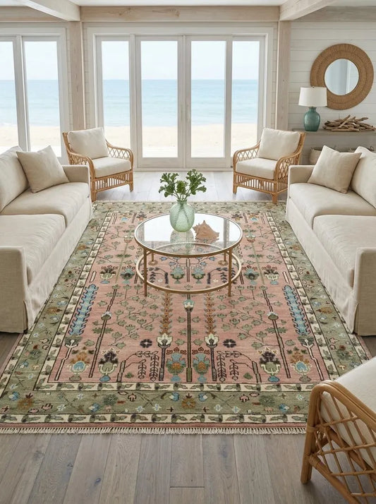 Blush Pink & Olive Green Botanical Tree Oushak Rug