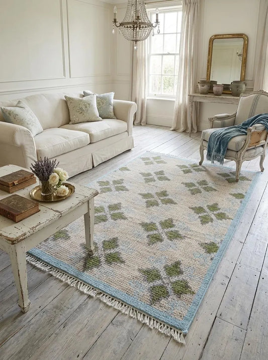 Cream & Sage Green Floral Geometric Area Rug