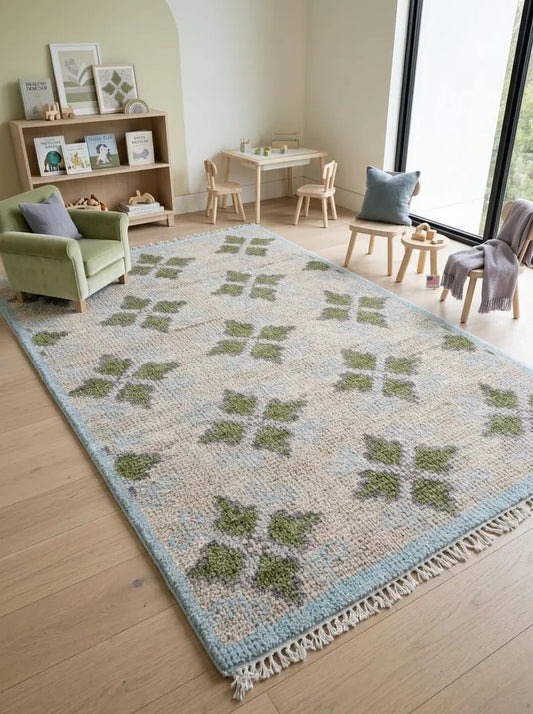 Cream & Sage Green Floral Geometric Area Rug