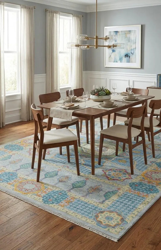 Light Blue & Gold Geometric Medallion Oushak Rug
