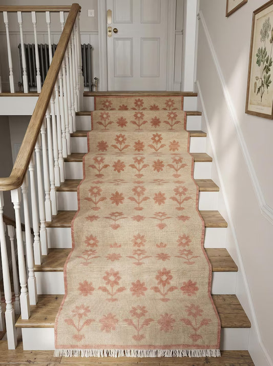 Terracotta Pink & Beige Floral Stair Runner Rug