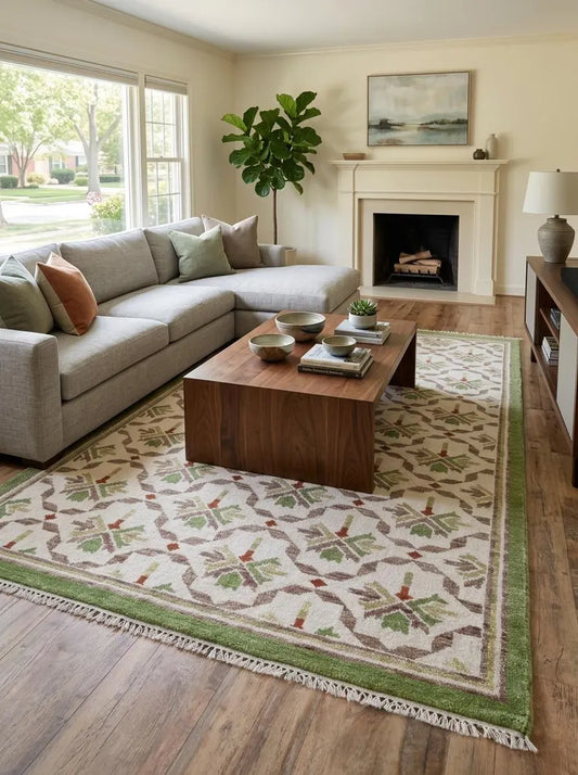 Ivory & Olive Green Geometric Trellis Area Rug